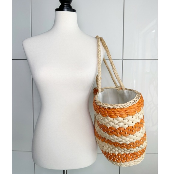 J. Crew Raffia Basket Bag Orange Natural Stripe Button Closure Fabric Lined - Picture 5 of 9